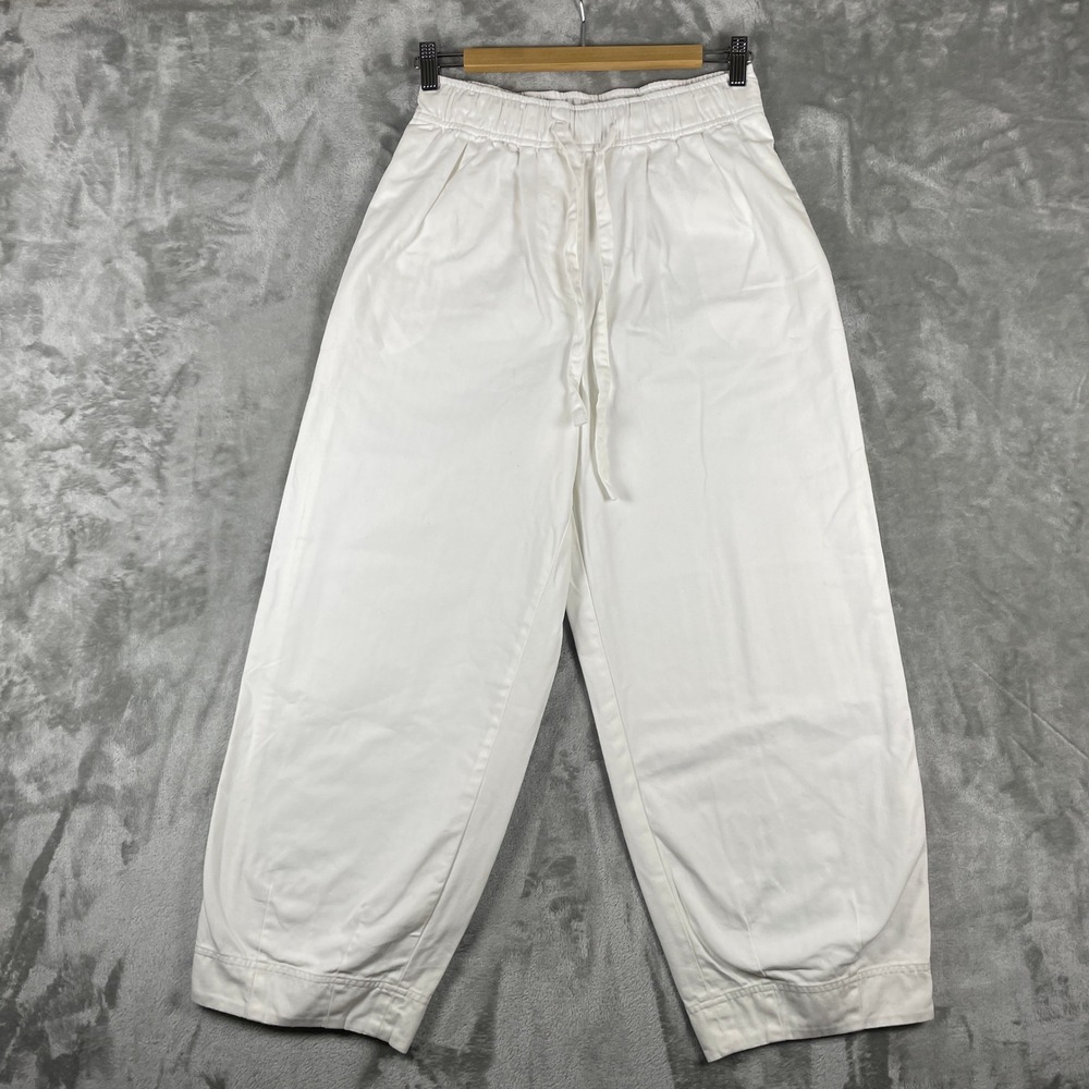 COS Pants Womens 34 White Elastic Waist Drawstring Herringbone Trousers